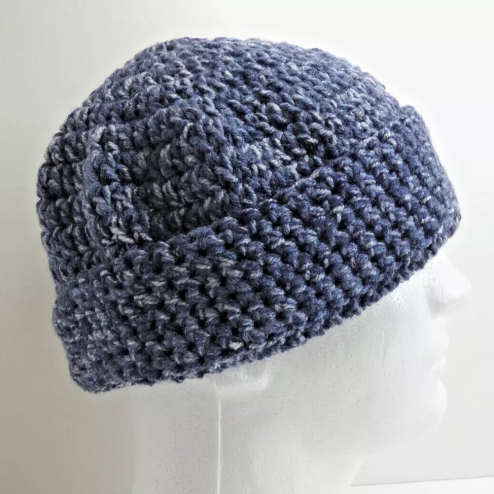 Blue Tweed Beanie Skull Cap Multi Style Unisex Hat Handmade Crochet Hand Knit OS